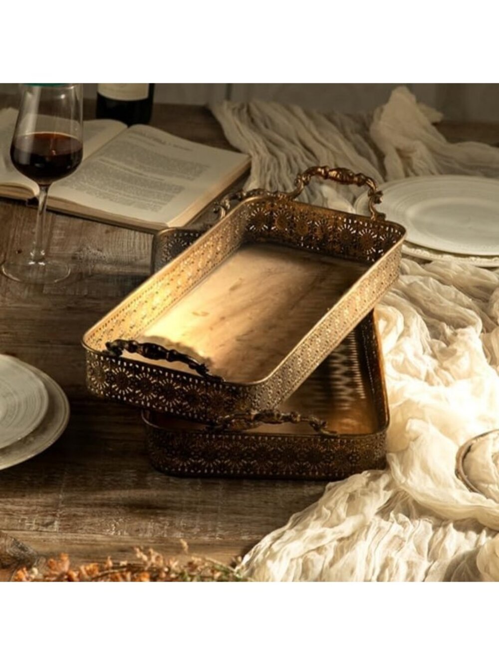 Vintage Gold Decorative Serving Tray Set - 2-Piece Nesting Metal Trays for Home